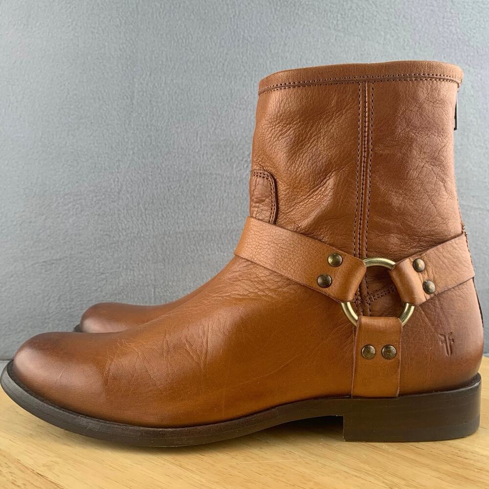 Frye Phillip Harness Whiskey Brown Leather Ankle Boots Zip Up Women’s Size 9B US